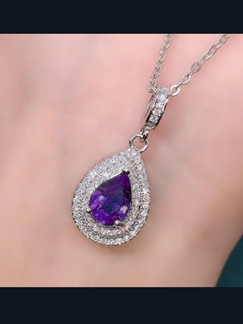 New 18k White Gold Amethyst Diamond Water Drop Necklace